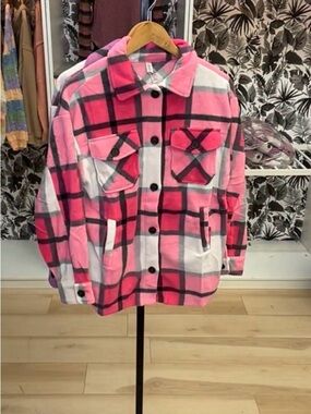 Women's Pink Plaid Fleece Shacket with Button Front - Zenana